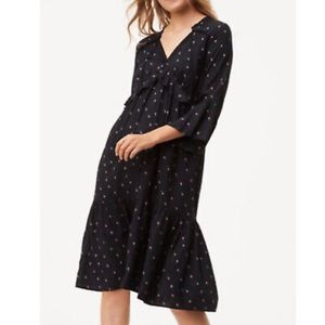 Ann Taylor LOFT  3/4 Sleeve Black Floral Print Midi Dress Size Small